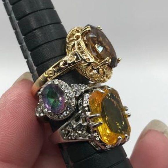 Set of 3 Silver & Gold-Tone with Faceted Gems Rings - Picture 11 of 12